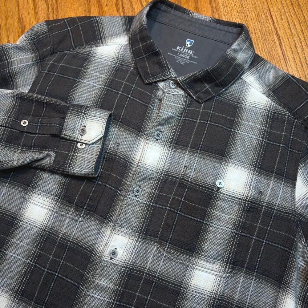 KUHL The Law Flannel Shirt Mens Large Gray Plaid Long Sleeve Cotton Tencel 7373